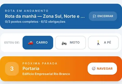 Celular da supervisora: a rota da manhã em andamento, o meio de transporte e a próxima parada, a portaria do Edifício Empresarial Rio Branco.