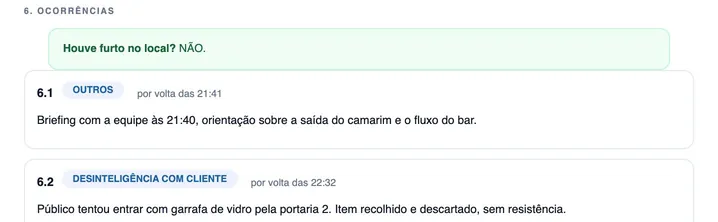 Relatório da noite para a casa: as ocorrências com o horário.