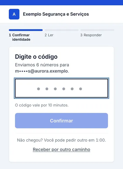 Tela real do sistema: Quem vai assinar abre o link no celular e, antes de ver o documento, digita o código de 6 números que chegou no e-mail.