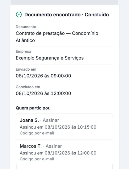 Tela real do sistema: Qualquer pessoa confere pelo código ou pelo QR se o documento foi concluído, quando e por quem.
