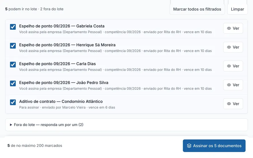 Tela real do sistema: Quem assina pela empresa confere a lista e assina vários documentos com uma assinatura e um código.