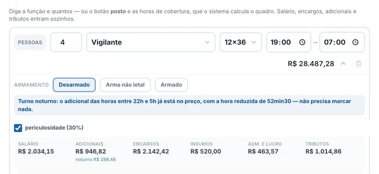 Tela real do sistema: Função, quantidade e escala; o preço de cada posto aparece com a conta aberta.