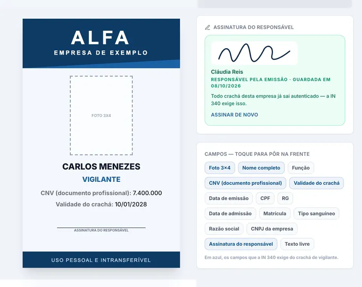 Tela real do sistema: A arte da gráfica de fundo e os campos posicionados por cima; a conferência diz o que a norma pede.