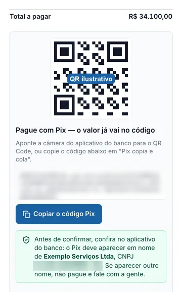 Tela real do sistema: O cliente abre o link, vê a fatura e paga com o Pix, que já vem com o valor.
