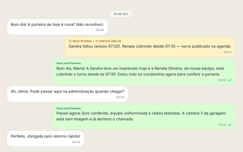 Tela real do sistema: Cada conversa tem dono; a resposta sai com o nome de quem atendeu; a nota interna o cliente não vê.