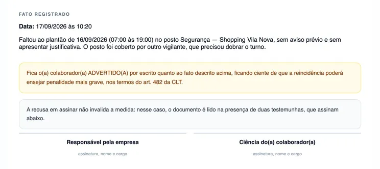 Tela real do sistema: O fato, a base na CLT, a ciência do colaborador e o lugar de duas testemunhas.